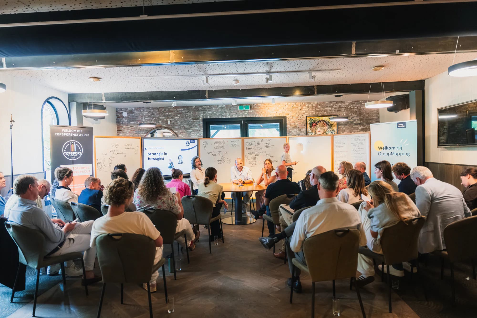 Deelnemers en Walls tijdens een gezamenlijke Topsport Netwerk-sessie
