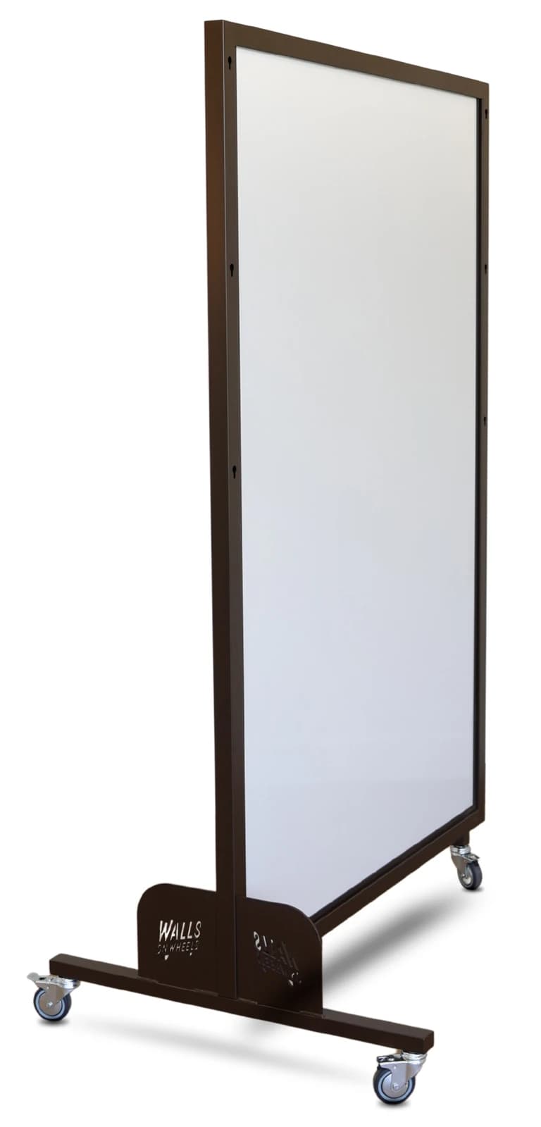 Vrijstaande Wall on Wheels met donker metalen frame, dubbelzijdig schrijfvlak en drie zwenkwielen